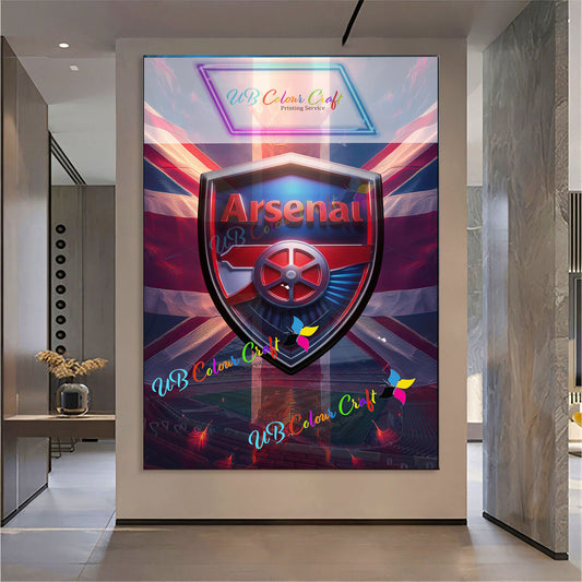 Framed Arsenal FC logo with Union Jack design on a wall in a modern interior setting.
